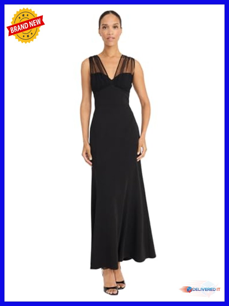 Sleeveless Ankle Length Cocktail Dress With Sheer Mesh V-Neck